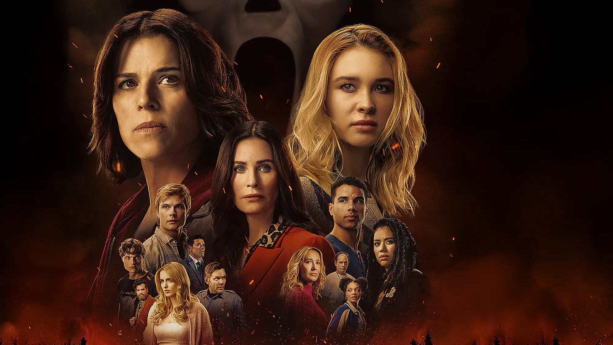 Elenco principal de Pânico 7, com Neve Campbell e Courteney Cox, retorna para enfrentar o Ghostface ao lado de novos personagens. Foto: Divulgação Poster de filme com diversos atores, incluindo Neve Campbell e Courteney Cox, e a máscara Ghostface ao fundo.