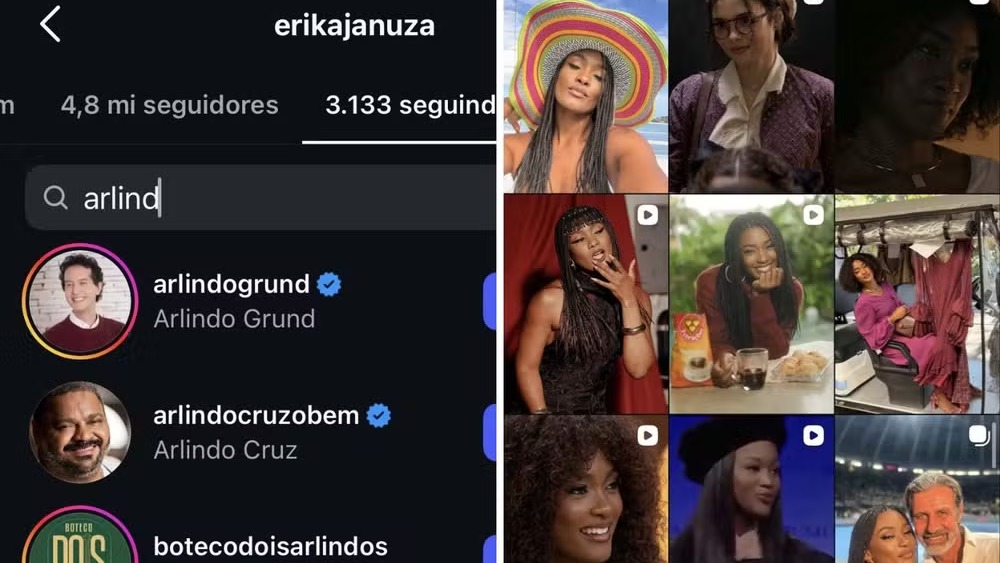 Erika Januza em seu perfil do Instagram. Foto: Reprodução/Redes sociais Captura de tela do Instagram de Erika Januza mostrando busca por "arlind" e perfis