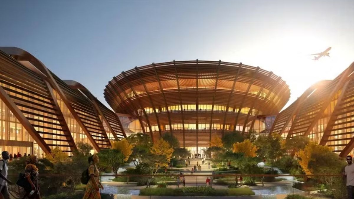 Renderiza&ccedil;&atilde;o do futurista Aeroporto Internacional de Bishoftu, com design em madeira e avi&atilde;o no c&eacute;u.