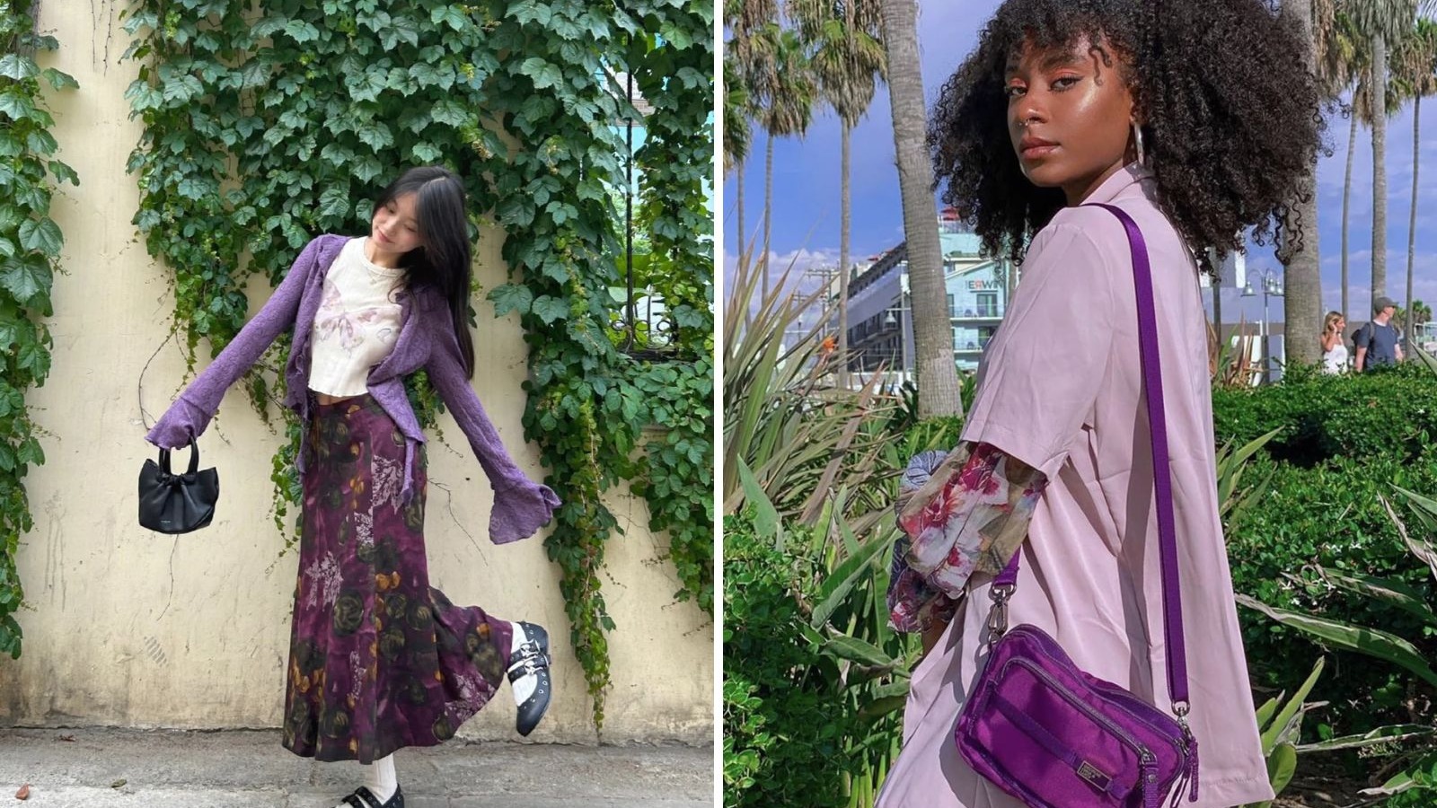 Duas mulheres, uma asi&aacute;tica e uma negra, exibem looks com tons de roxo e lil&aacute;s