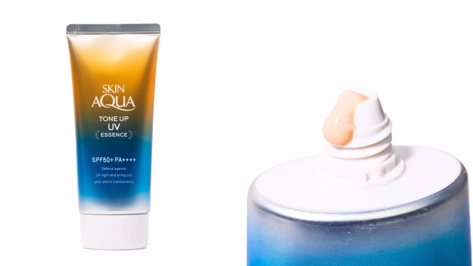 Tubo Skin Aqua Tone Up UV Essence laranja e azul com creme cor p&ecirc;ssego no bico