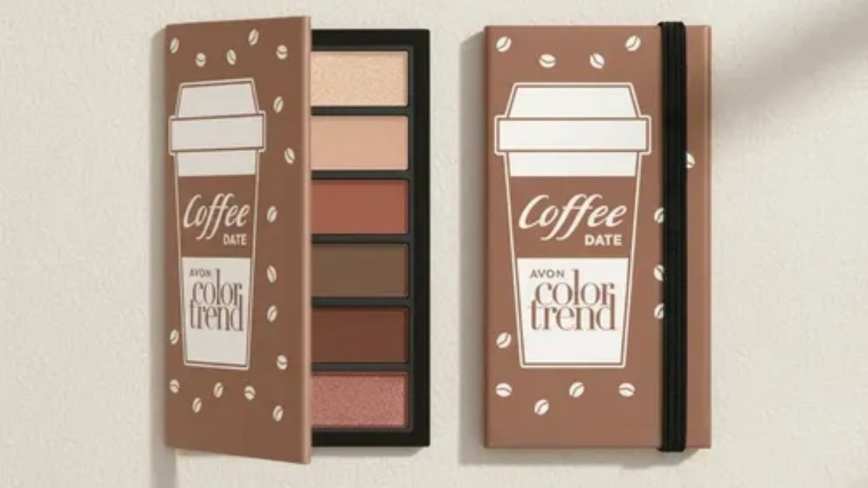 Duas paletas Avon Color Trend Coffee Date marrons, uma aberta com seis sombras, outra fechada