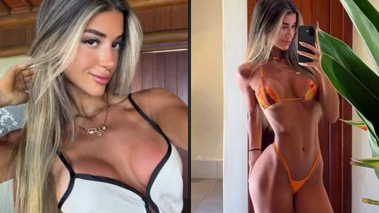 Pietra Cupello, apontada como novo affair de Cauã Reymond, costuma compartilhar fotos de biquíni em suas redes sociais - Foto: Reprodução/Redes Sociais Pietra Cupello em imagem dividida: close-up e selfie de biquíni laranja