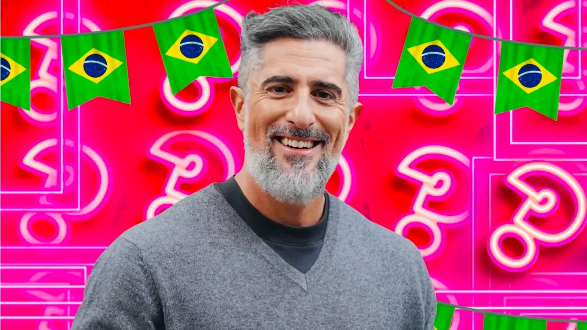 Polêmicas na vida pessoal de comunicadores, tema central desta reportagem, podem abalar carreiras na televisão brasileira. Homem sorridente de barba grisalha em fundo rosa com formas neon e bandeiras do Brasil.