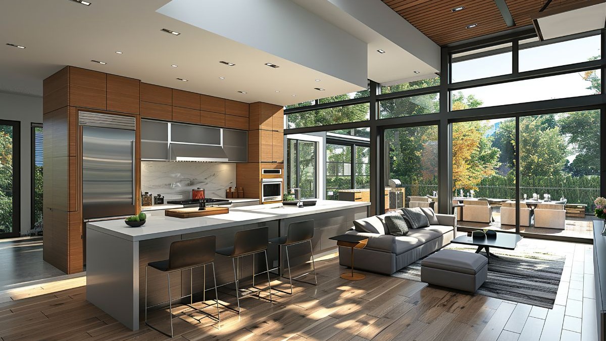 Cozinha moderna integrada &agrave; sala, com ilha, arm&aacute;rios de madeira, eletrodom&eacute;sticos e grandes janelas panor&acirc;micas.