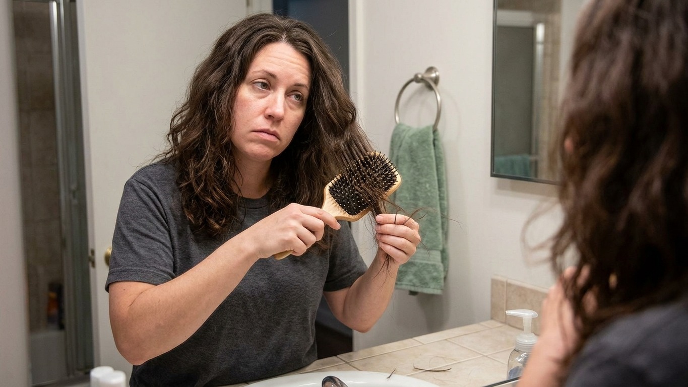 Mulher com cabelo escuro ondulado segura escova cheia de cabelo e punhado de fios soltos