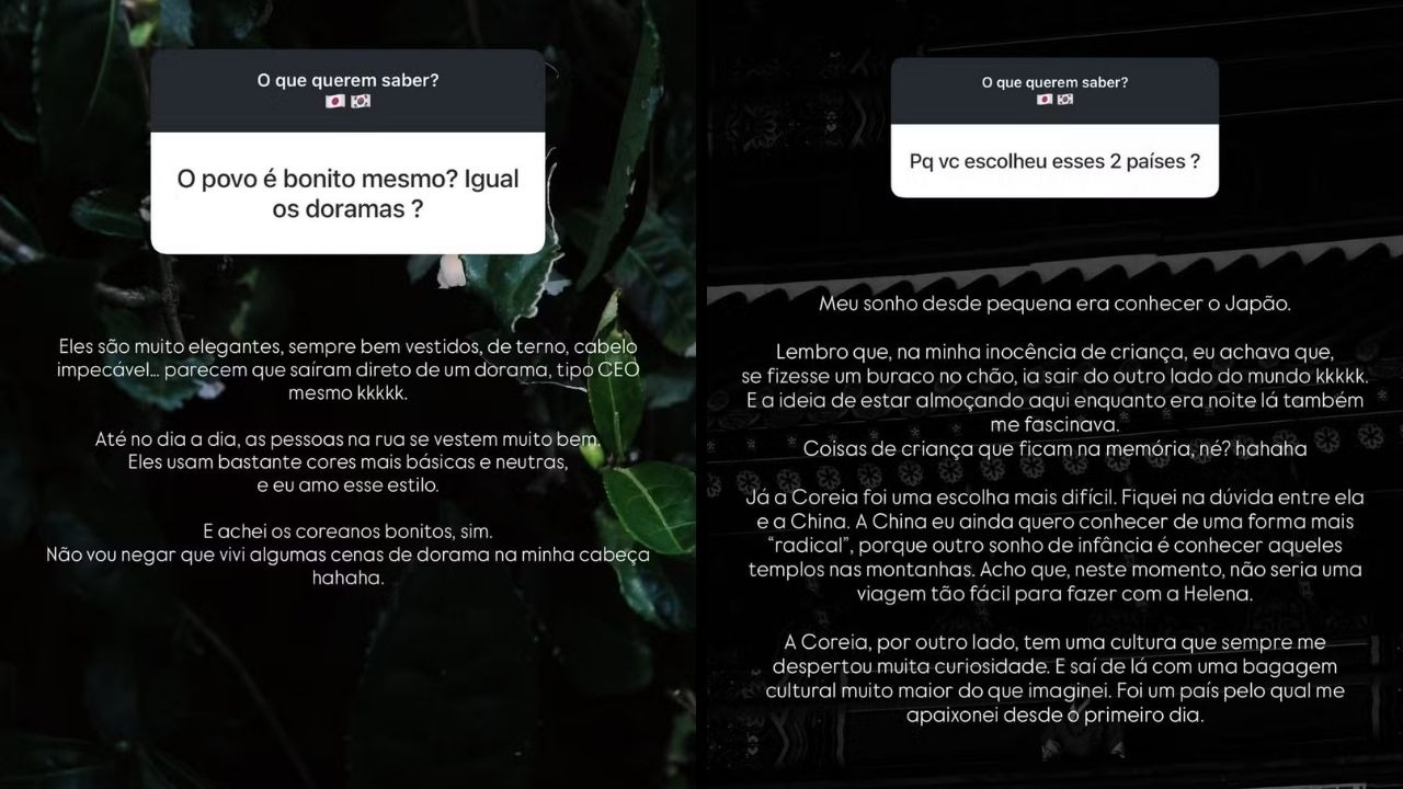 Amanda Kimberlly compartilhou respostas a seguidores sobre a beleza dos coreanos e o motivo da escolha de seus destinos de viagem. Foto: Reprodução/Instagram Duas capturas de tela de Instagram Stories com perguntas e respostas de Amanda Kimberlly