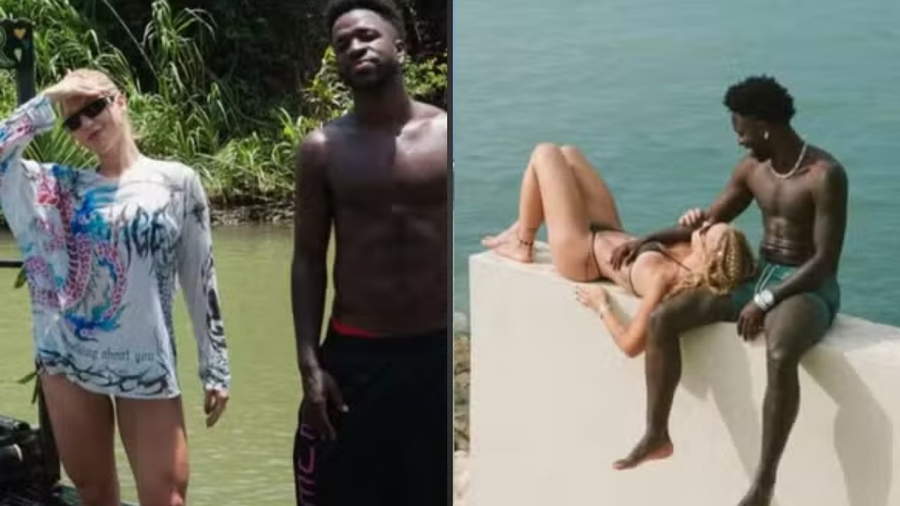 O casal Vini Jr. e Virginia Fonseca em cliques românticos compartilhados pelo jogador em sua viagem à Jamaica - Foto: Reprodução/Instagram Duas fotos: homem sem camisa e mulher loira de biquíni e camisa em cenários tropicais