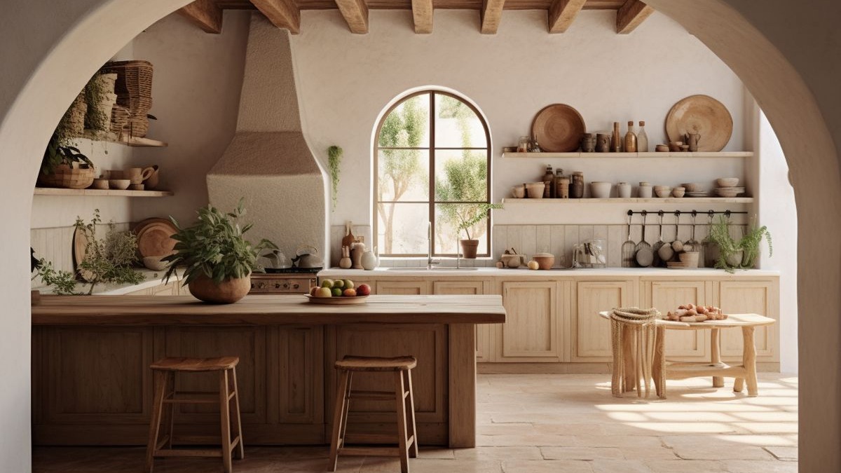 Cozinha farmhouse ampla com ilha e bancos de madeira, arm&aacute;rios claros e janela arqueada com vista verde.