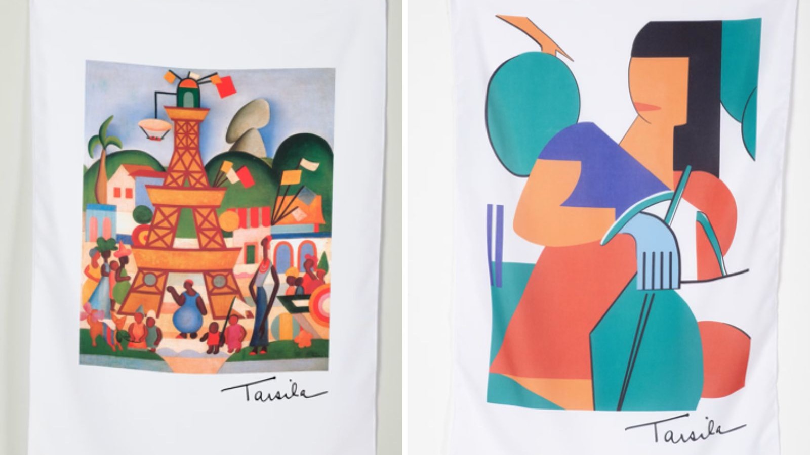 Duas bandeiras decorativas brancas com as obras 'Carnaval em Madureira' e 'A Caipirinha' de Tarsila