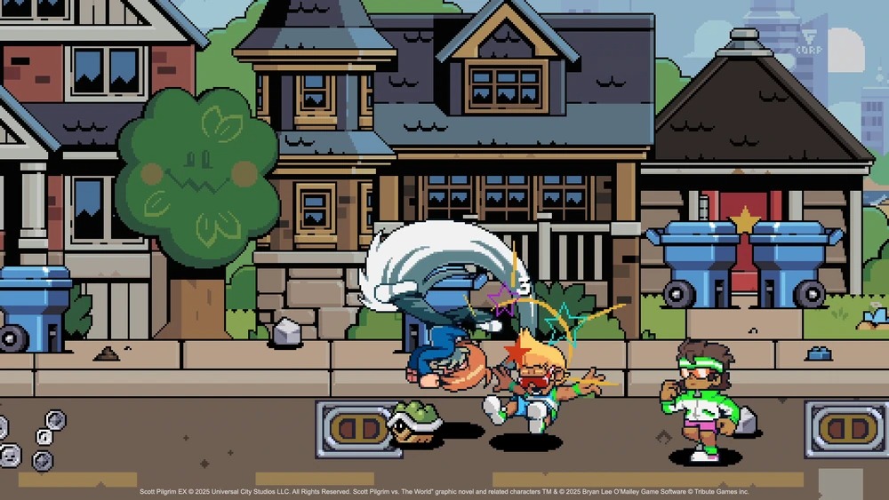 Os combates intensos e o estilo visual marcante de Scott Pilgrim EX resgatam a essência dos clássicos beat 'em ups Cena de jogo pixel art, personagens de Scott Pilgrim em combate urbano, com casas e lixeiras