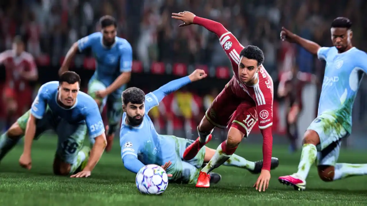 Jogadores de EA Sports FC 27 disputam bola no campo, um de vermelho '10' Allianz, outros de azul