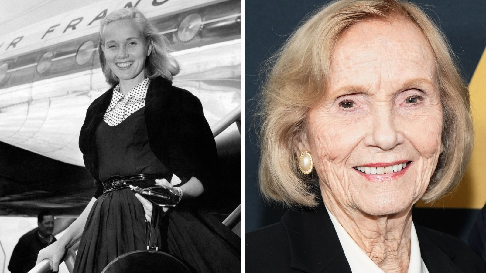 Eva Marie Saint jovem e sorridente em preto e branco, e idosa sorridente em cores