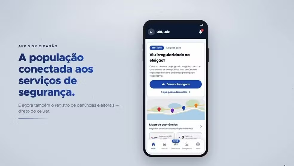 O aplicativo SISP Cidadão agora permite o registro rápido e fácil de denúncias eleitorais. Smartphone exibe aplicativo SISP Cidadão com tela de denúncias eleitorais e mapa de ocorrências