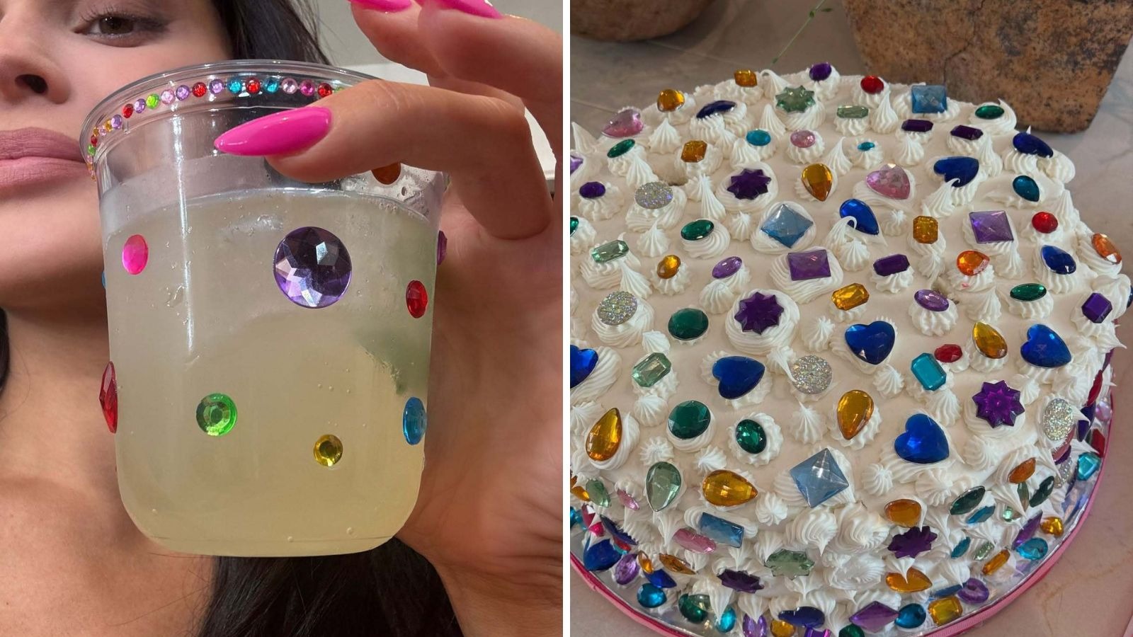 Copo com bebida, strass coloridos; ao lado, bolo branco com chantilly e pedrarias brilhantes