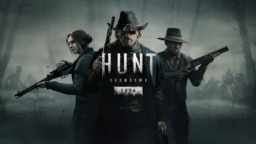 Capa de Hunt Showdown 1896 com tr&ecirc;s ca&ccedil;adores armados em floresta nebulosa com monstros