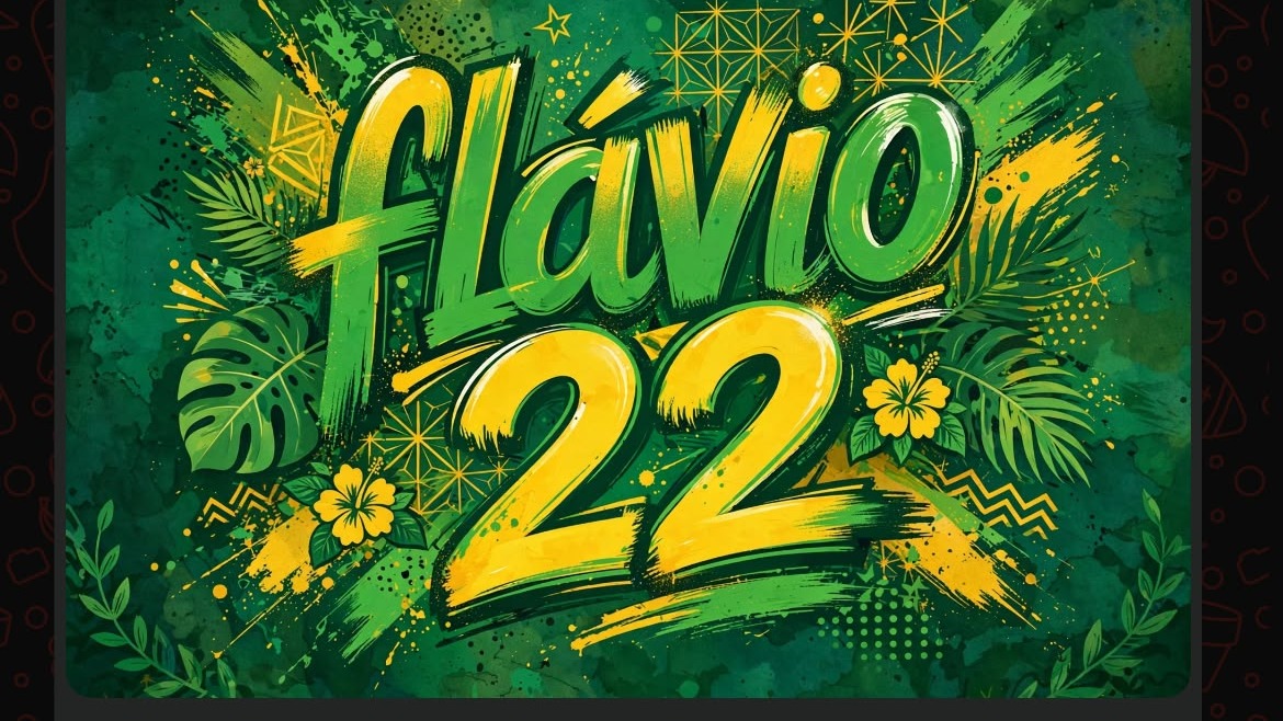 Ilustração verde e amarela com 'Flávio 22' e elementos tropicais, como folhas e flores