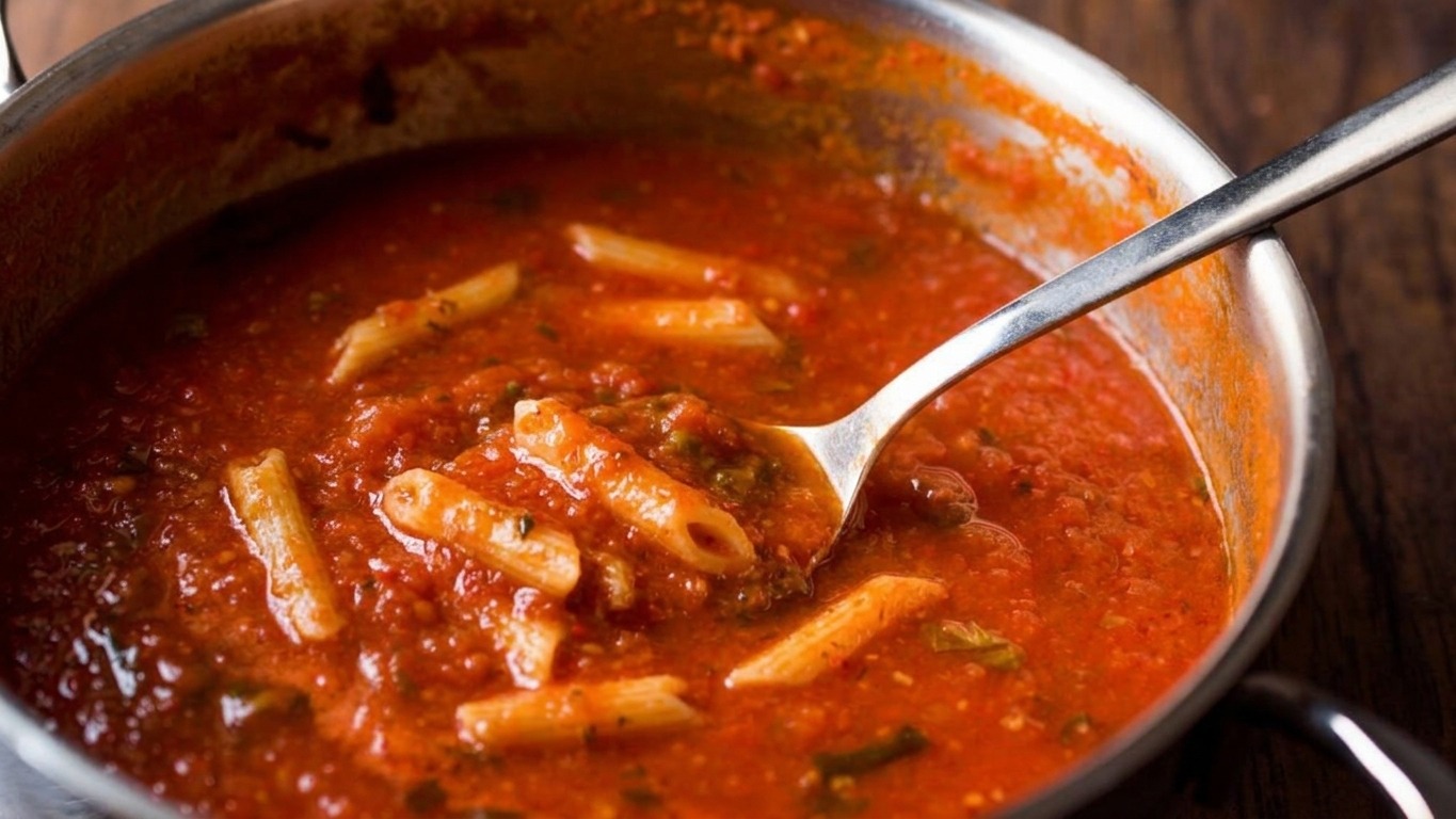Close-up de massa penne em molho de tomate em panela, com colher metálica