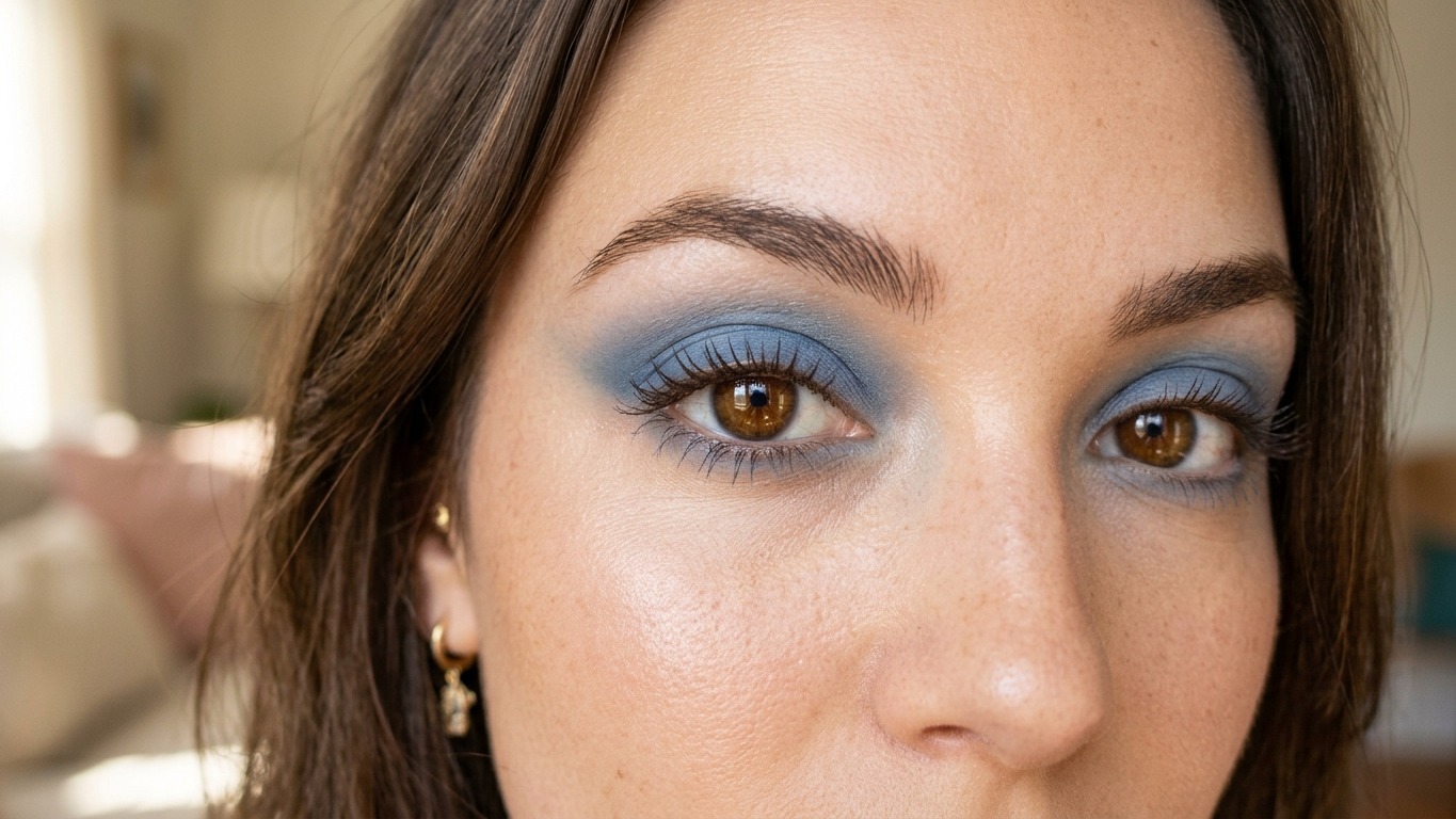 Olhos castanhos de mulher com sombra azul vibrante, cílios longos e sobrancelhas bem definidas