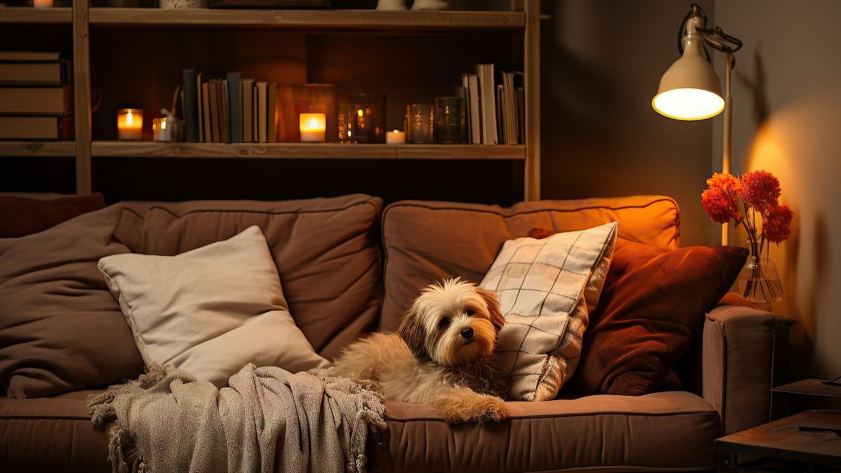 Cão pequeno em sofá marrom com almofadas, cobertor, luz quente de abajur e velas.