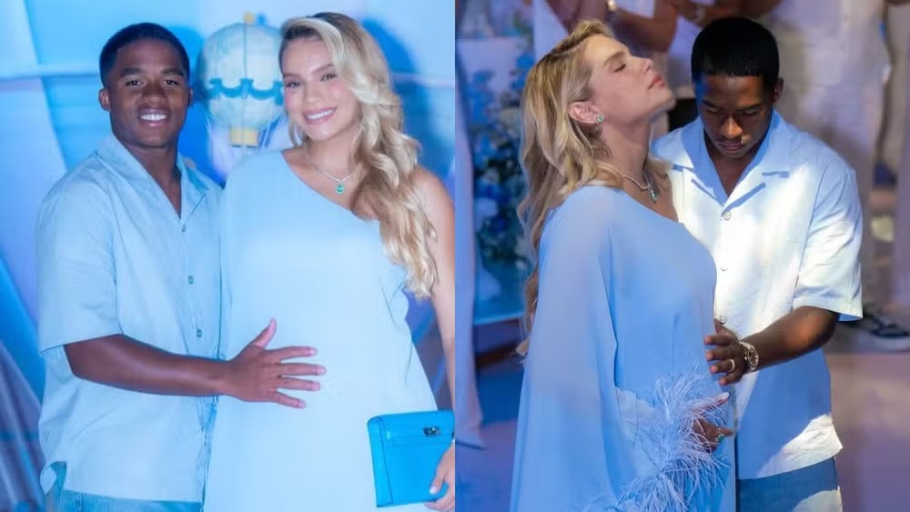 Gabriely Miranda e Endrick celebram a gravidez e revelam o nome do filho, Kendrick, durante chá de bebê. Casal Gabriely Miranda e Endrick sorrindo, ele abraça a barriga de gravidez dela em chá de bebê