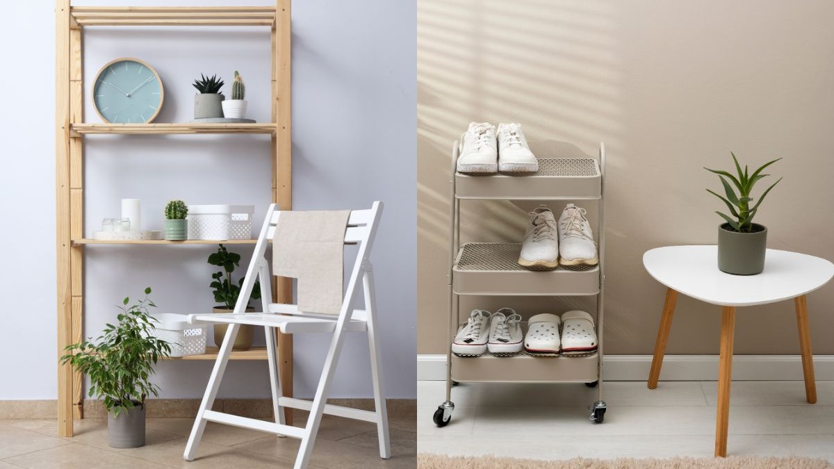 Estante de madeira, carrinho de sapatos cinza, mesa lateral branca e plantas decorativas organizadas.
