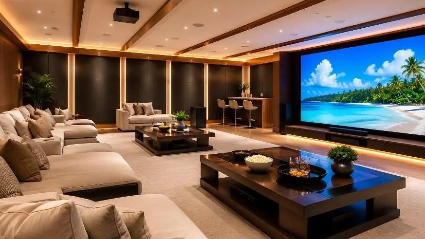 Luxuosa sala de cinema residencial com telão grande, sofás confortáveis e bar integrado