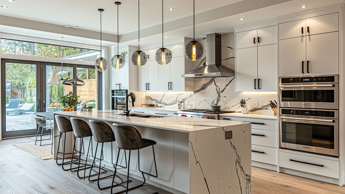 Cozinha moderna clara com ilha central, arm&aacute;rios brancos e eletrodom&eacute;sticos de embutir.