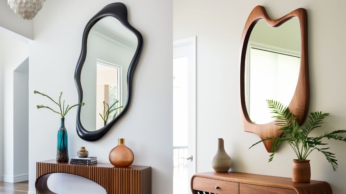 Dois ambientes com espelhos org&acirc;nicos, consoles de madeira, vasos e plantas decorativas.