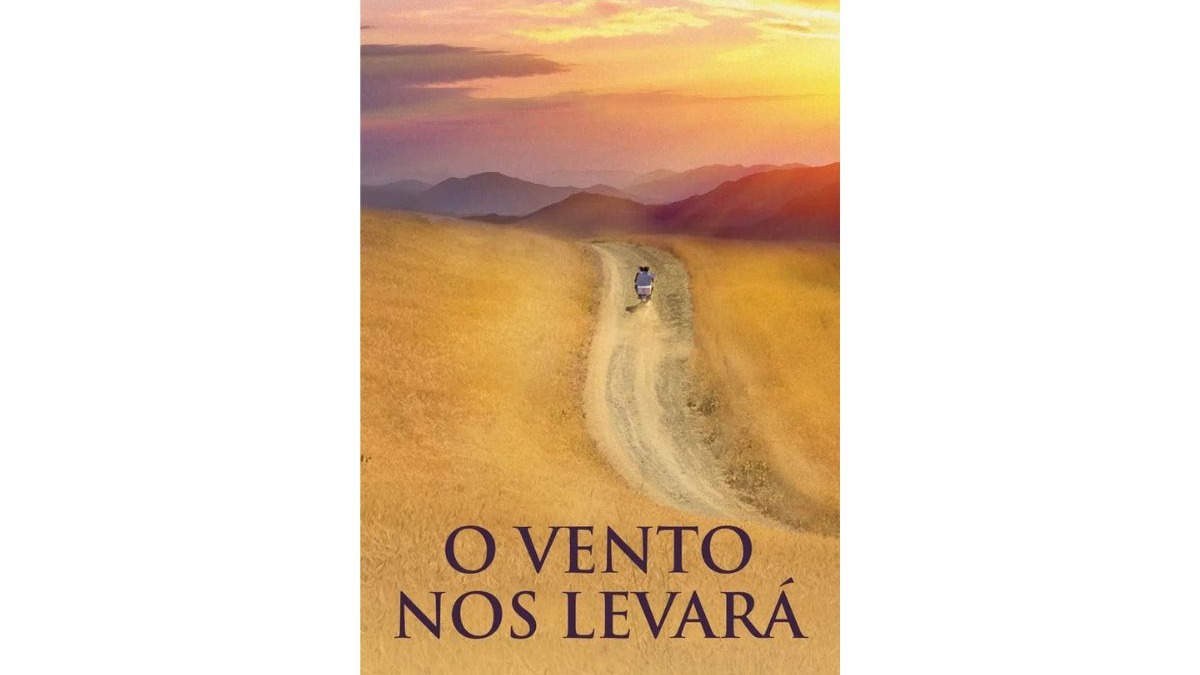 Estrada de terra, pessoa em scooter, campo dourado, montanhas, c&eacute;u alaranjado. 'O VENTO NOS LEVAR&Aacute;'.