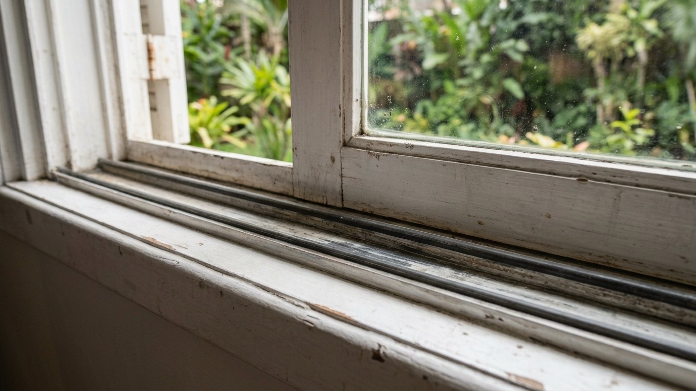Acúmulo de poeira e detritos nos trilhos das janelas é um problema frequente que causa mau cheiro e emperramento Close-up de trilho de janela sujo, madeira branca com poeira, mofo e descascados, exterior verde