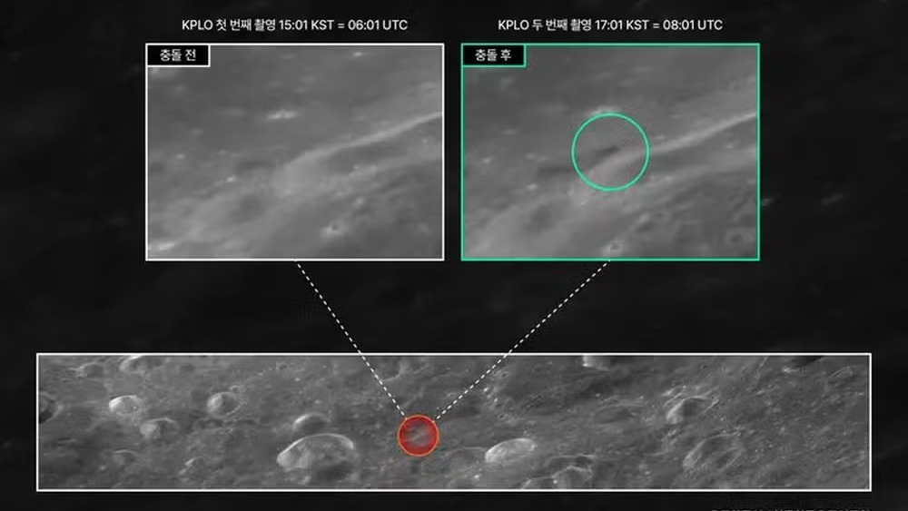 Imagens da sonda KPLO da superfície lunar antes e depois de um impacto, destacando nova cratera