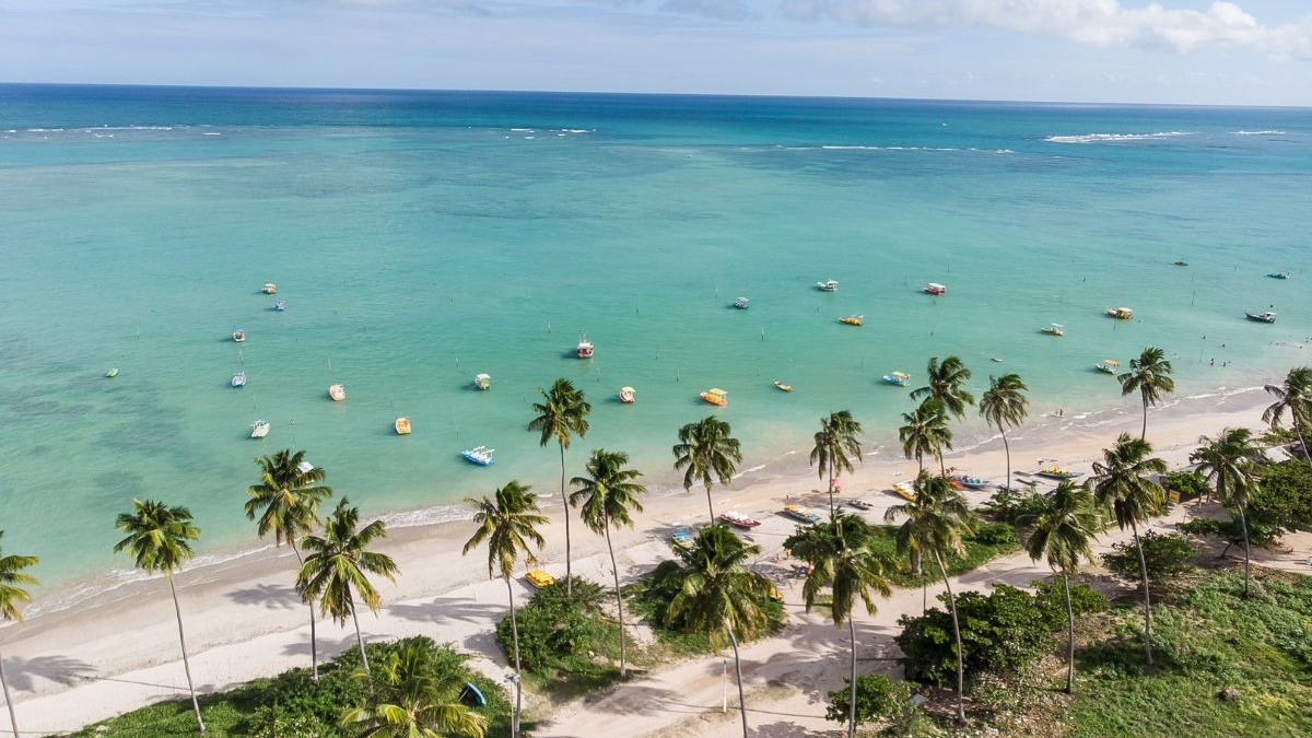 Vista a&eacute;rea de praia tropical com mar azul-turquesa, muitos barcos e coqueiros na areia.