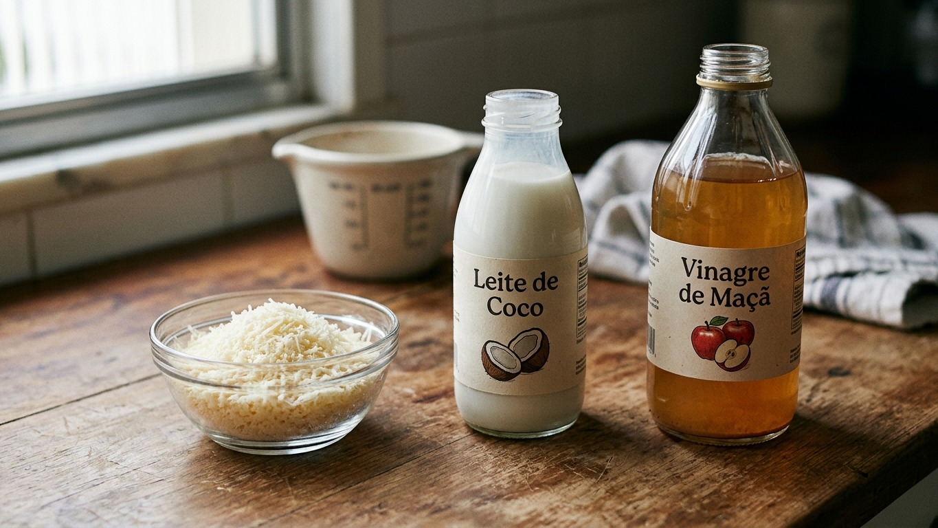 Os ingredientes que prometem transformar o tradicional bolo de fubá em uma versão incrivelmente cremosa Tigela com queijo ralado, garrafa 'Leite de Coco' e garrafa 'Vinagre de Maçã' em bancada