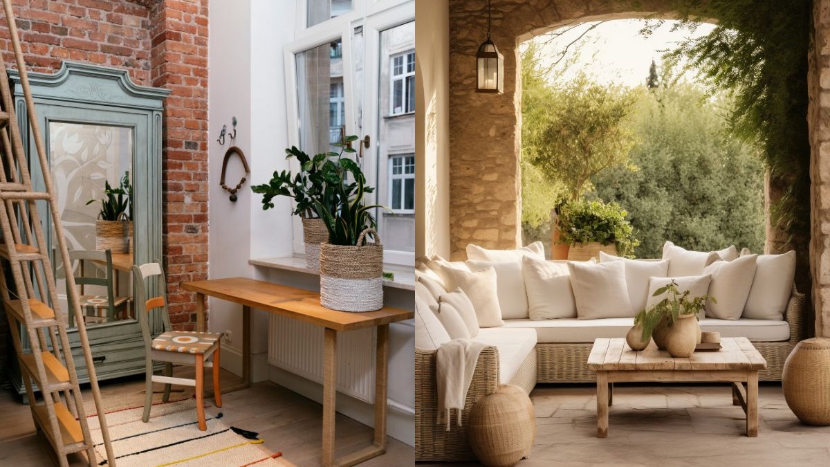 Duas cenas: interior com arm&aacute;rio, parede de tijolos, mesa e planta; exterior com sof&aacute; e vegeta&ccedil;&atilde;o.