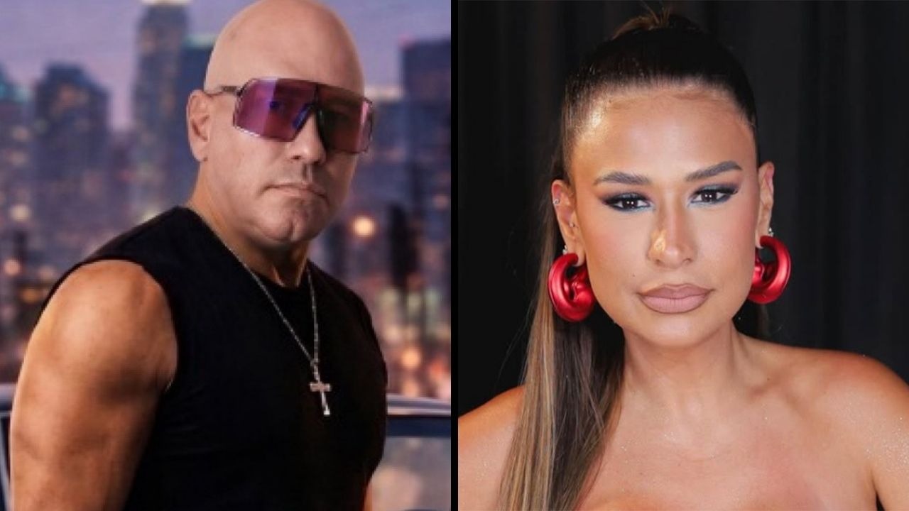 A cantora Simone Mendes e o guitarrista Léo Stuart, vizinhos em uma disputa judicial que se arrasta na Justiça de São Paulo. Na imagem dividida, à esquerda um homem careca de óculos e à direita uma mulher com brincos grandes