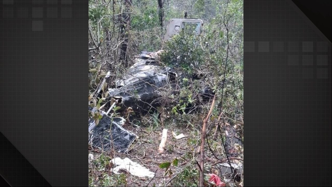 Os destroços do helicóptero que caiu na serra de Santa Catarina, resultando na morte do cantor Rick Sollo e de outras quatro pessoas. Foto: Reprodução Destroços de helicóptero em área de mata fechada com árvores e arbustos verdes