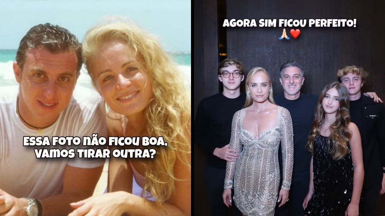 Angélica celebra Luciano Huck e a evolução da família em registro compartilhado para homenagear o aniversário do apresentador. Angélica e Luciano Huck jovens na praia; família de cinco com texto "AGORA SIM FICOU PERFEITO!"