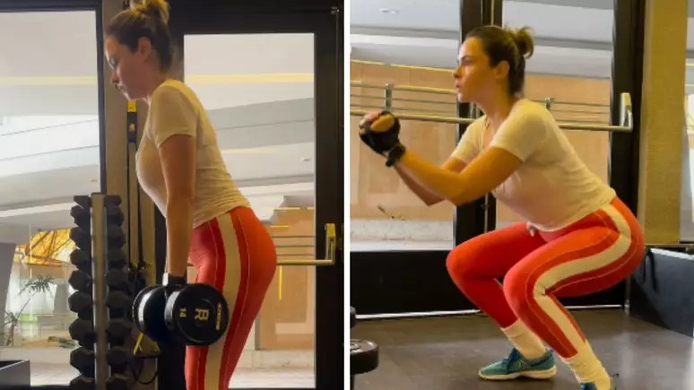 Ana Paula Renault em sessão de treinos que culminou na eliminação de 30 quilos antes de seu retorno ao BBB 26. Foto: Reprodução/Redes sociais Ana Paula Renault em duas fotos, malhando na academia, com halteres e agachamento.