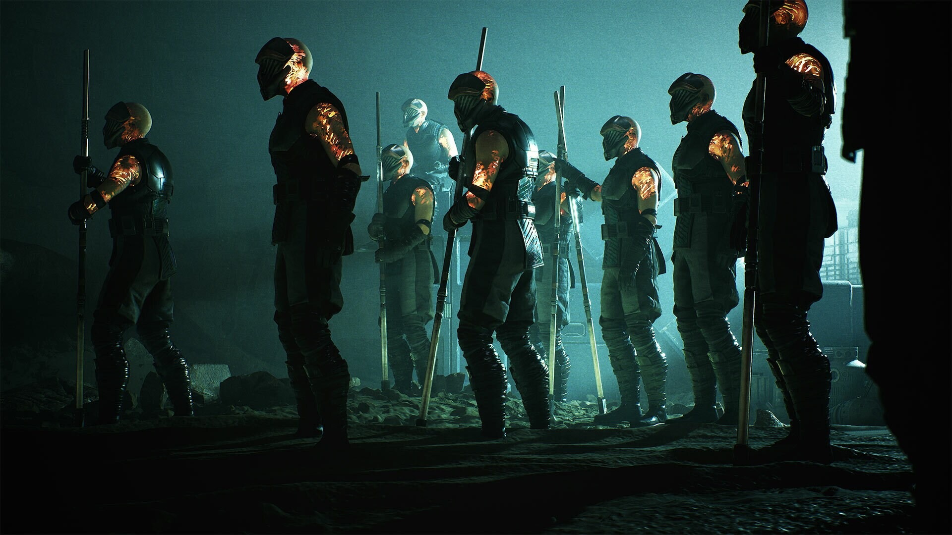 Os novos personagens de Star Wars Zero Company são fundamentais para a estratégia tática Soldados blindados com capacetes e bastões, luzes laranjas em armaduras, em ambiente escuro e esfumaçado