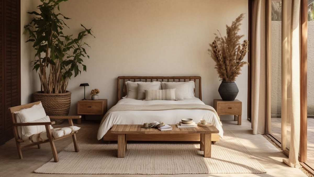 Quarto farmhouse com cama de madeira, roupas de cama brancas, plantas, banco e tapete em tons neutros.