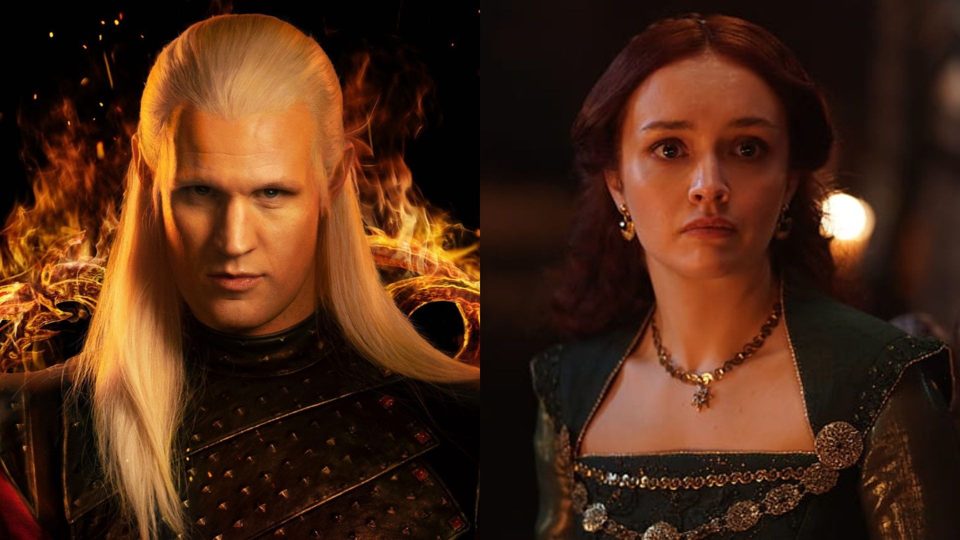 Daemon Targaryen e Alicent Hightower personificam ego e moralidade na mente da protagonista Rhaenyra. Close-up dividido de Daemon Targaryen com fogo e Alicent Hightower com expressão séria