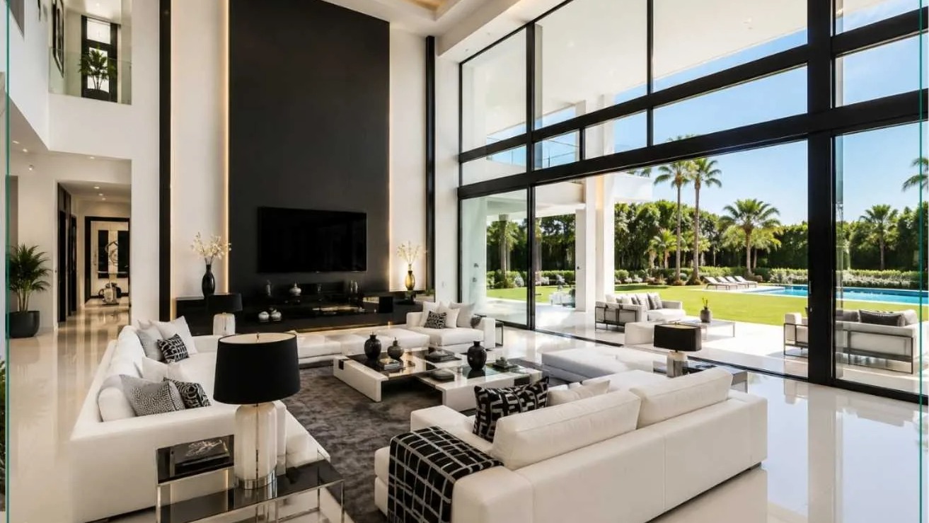 A luxuosa sala de estar da mansão de Vinicius Jr., com grandes janelas e vista para o jardim e piscina, reflete o design moderno da propriedade. Espaçosa sala de estar moderna com sofás brancos, grandes janelas, jardim verde, palmeiras e piscina.