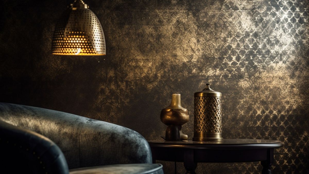 Cadeira escura, mesa redonda com objetos dourados e lumin&aacute;ria pendente em ambiente com parede dourada.