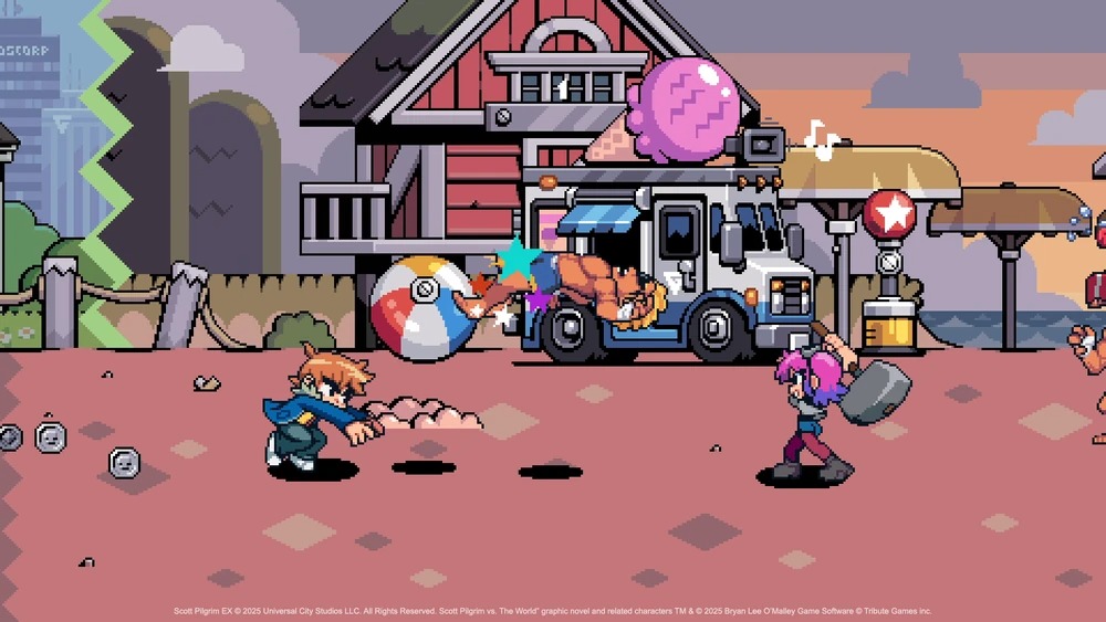 Em Scott Pilgrim EX, a nova aventura combina a pancadaria clássica dos beat 'em ups com exploração e elementos de RPG em uma Toronto reinventada Cena de jogo pixel art, Scott Pilgrim e Ramona Flowers lutando em rua urbana