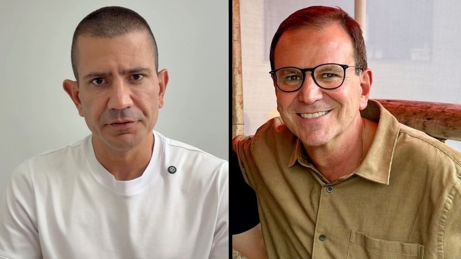 Douglas Ruas (à esquerda) e Eduardo Paes (à direita), os dois candidatos que disputaram o governo do Rio de Janeiro no segundo turno. Dois homens em lados opostos: um com cabelo raspado e outro de óculos sorrindo