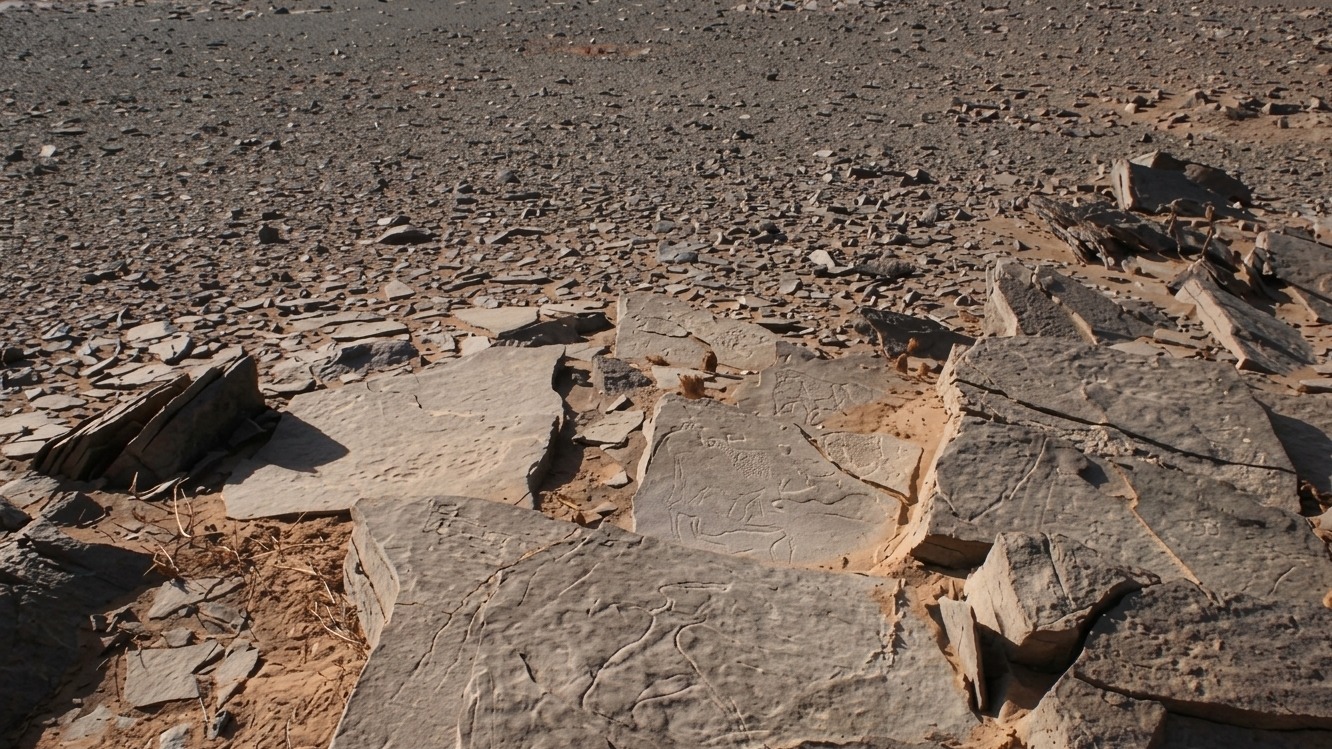 Sluguilla Lawash Gravuras rupestres em lajes de pedra no deserto, com vasto terreno rochoso ao fundo