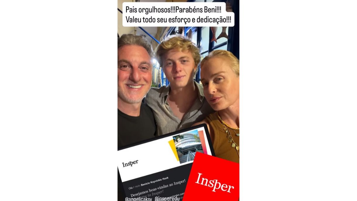 Luciano Huck e Angélica celebram a aprovação do filho Benício no vestibular do Insper, compartilhando a notícia nas redes sociais Luciano Huck, Angélica e Benício Huck sorrindo. Tela com 'Insper' e 'Boas-vindas ao Benício'