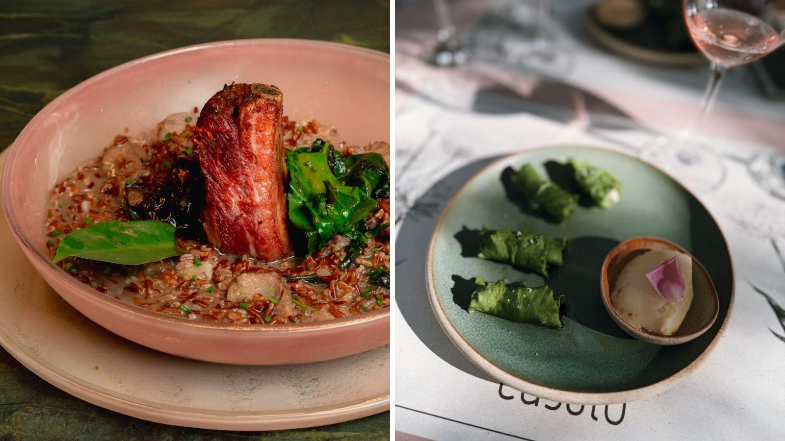 Dois pratos. Esquerda: carne, risoto, ora-pro-n&oacute;bis. Direita: wraps de folha, molho, p&eacute;tala. 'Casulo' no prato