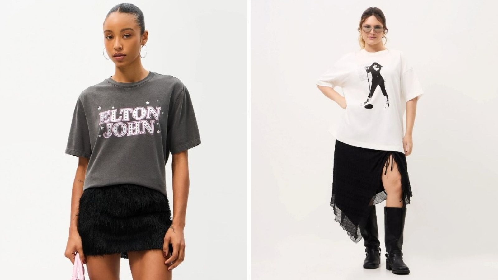Duas mulheres em looks com t-shirts Elton John, saias e botas pretas, em fundo branco